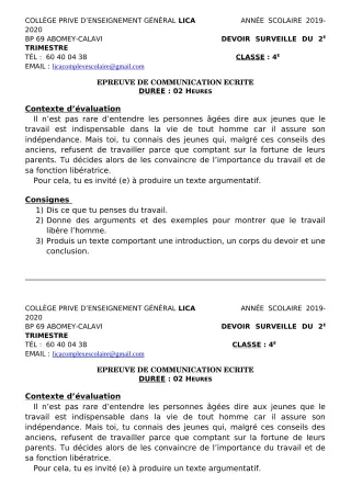 Première page de Français 4e, 4e ML — Devoir surveillé, 1er trimestre (2019-2020) · CPEG LICA
