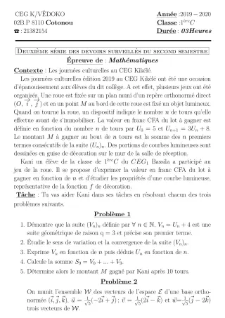 Première page de Mathématiques 1ère C — 2e devoir surveillé, 2e semestre (2019-2020) · CEG Kouhounou-Vêdoko