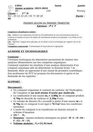 Première page de PCT 1ère D — 1er devoir surveillé, 1er trimestre (2023-2024) · CPEG SAINT Justin
