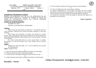 Première page de PCT 6e, 5e, 4e, 3e, 2nde D, 1ère D, Tle D — 1er devoir surveillé, 1er semestre (2018-2019) · CEG GAMIA