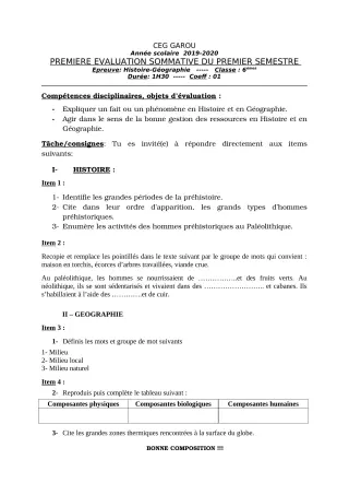Première page de Histoire-Géographie 6e — 1re évaluation sommative, 1er semestre (2019-2020) · CEG GAROU