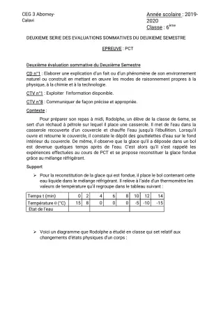 Première page de PCT 6e — 2e évaluation sommative, 2e semestre (2019-2020) · CEG3 ABOMEY CALAVI
