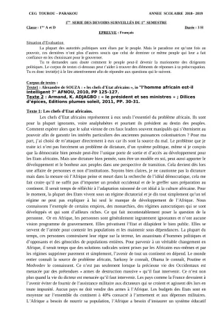 Première page de Français 1ère D — 1er devoir surveillé, 1er semestre (2018-2019) · CEG Tourou