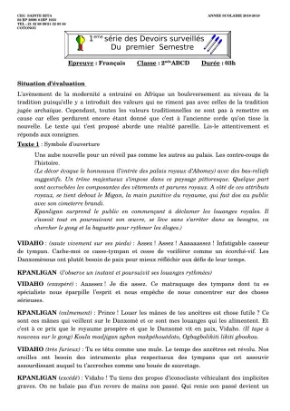 Première page de Français 6e, 5e, 4e ML&MC, 3e, 3e ML, 2nde A & B, 2nde C, 2nde D, 1ère A, 1ère B, 1ère C, 1ère D, Tle A2, Tle B, Tle C, Tle D — Devoir surveillé, 1er semestre (2018-2019) · CEG Sainte Rita