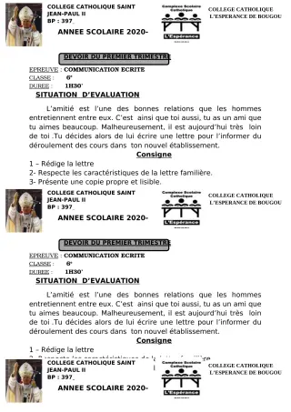 Première page de Français 6e, 5e, 4e, 4e ML, 2nde A1, 2nde A2, 2nde C, 2nde D, 1ère A1, 1ère A2, 1ère C, 1ère D — 1er devoir surveillé, 1er trimestre (2020-2021) · CCJPII DJOUGOU