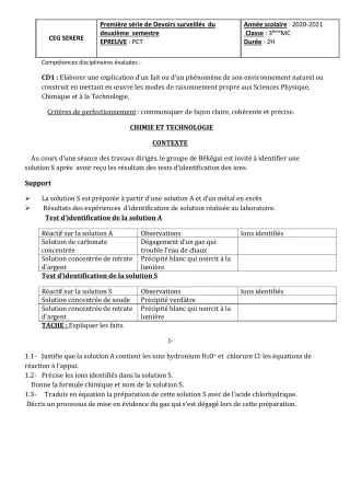 Première page de PCT 3e — 1er devoir surveillé, 2e semestre (2020-2021) · CEG SEKERE
