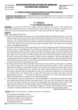 Première page de Anglais 2nde A — 1re production scolaire, 2e semestre (2018-2019) · CEG Mèdédjonou