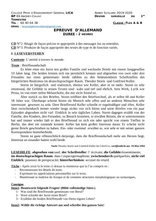 Première page de Allemand Tle A2, Tle B — Devoir surveillé, 1er trimestre (2019-2020) · CPEG LICA