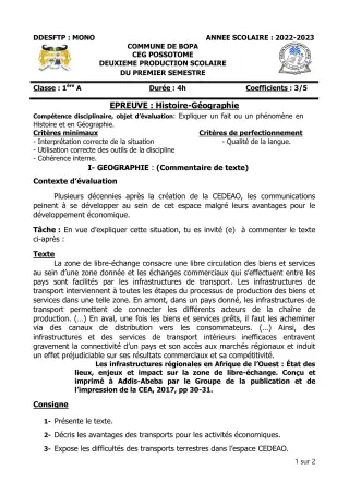 Première page de Histoire-Géographie 1ère A — 2e production scolaire, 1er semestre (2022-2023) · CEG POSSOTOME