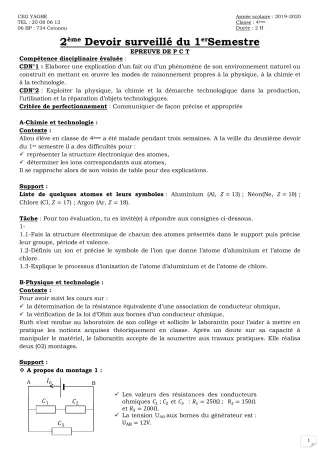 Première page de PCT 4e — 2e devoir surveillé, 1er semestre (2019-2020) · CEG Yagbe