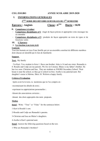 Première page de Anglais 6e — 2e devoir surveillé, 1er semestre (2019-2020) · CEG ZOGBO