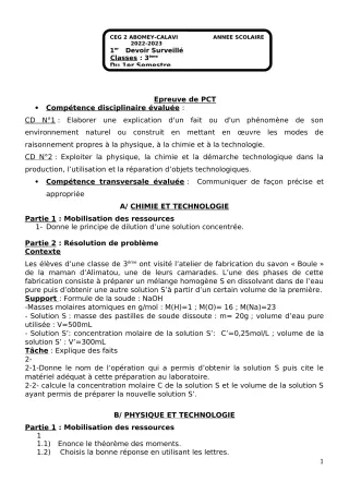 Première page de PCT 3e — 1er devoir surveillé, 1er semestre (2022-2023) · CEG2 ABOMEY - CALAVI (CEG ZOCA)