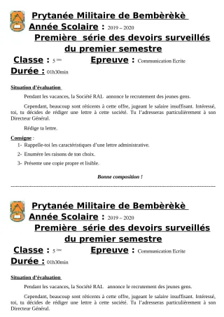 Première page de Français 5e — 1er devoir surveillé, 1er semestre (2019-2020) · PMB