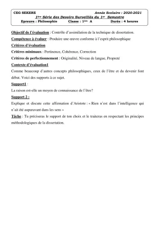 Première page de Philosophie 1ère A2 — 1er devoir surveillé (2020-2021) · CEG SEKERE