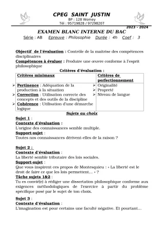 Première page de Devoir surveillé de PHILO — Tle A2, Tle B, Tle D — CPEG SAINT Justin (2023)