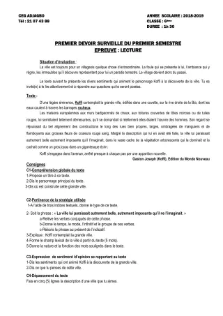 Première page de Français 6e — 1er devoir surveillé, 1er semestre (2018-2019) · CEG ADJAGBO