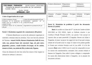 Première page de SVT 6e — Devoir surveillé, 1er semestre (2019-2020) · CEG BAKA