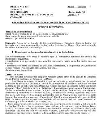 Première page de Espagnol 2nde A2, 2nde B — 1er devoir surveillé, 2e semestre (2020-2021) · CEG FIYEGNON