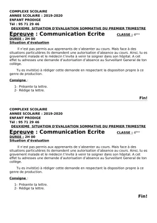 Première page de Français 4e, 4e ML — Évaluation sommative, 1er trimestre (2019-2020) · CPEG ENFANT PRODIGE