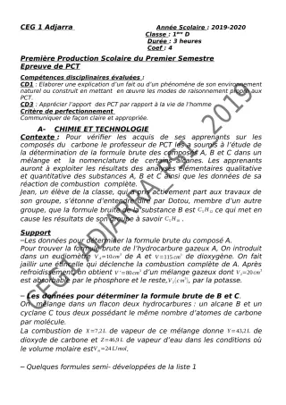 Première page de PCT 1ère D — 1re production scolaire, 1er semestre (2019-2020) · CEG1 Adjarra