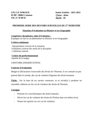 Première page de Histoire-Géographie 4e — 1er devoir surveillé, 2e semestre (2021-2022) · CEG LE NOKOUE