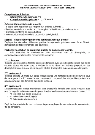 Première page de SVT Tle A1, Tle A2, Tle B — Devoir surveillé (2019-2020) · CPEG Roger LAFIA