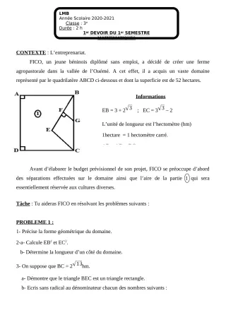 Première page de Mathématiques 6e, 5e, 4e, 3e, 3e ML — 1er devoir surveillé, 1er semestre (2020-2021) · LMB