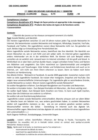 Première page de Allemand Tle A2 — 1er devoir surveillé, 1er semestre (2022-2023) · CEG GOHO