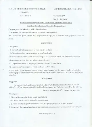 Première page de Histoire-Géographie 5e — 1re évaluation sommative, 2e semestre (2018-2019) · CEG ADJAGBO