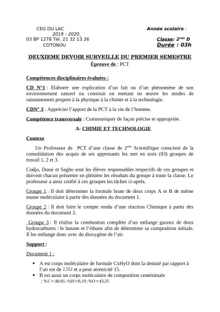 Première page de PCT 2nde D — 2e devoir surveillé, 1er semestre (2019-2020) · CEG du Lac