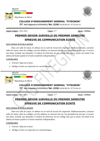 Première page de Français 5e — 1er devoir surveillé, 1er semestre (2022-2023) · CEG FIYEGNON