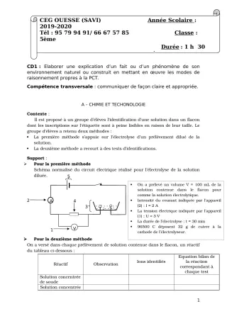 Première page de Devoir surveillé de PCT — 3e — Ceg OUESSE (2019)