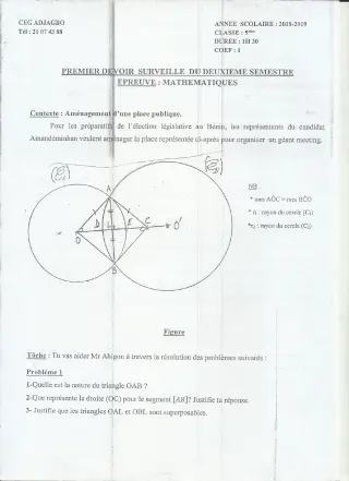 Première page de Devoir surveillé de MATHS GENE — 5e — CEG ADJAGBO (2018)