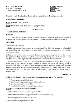 Première page de Anglais 4e, 4e ML, 4e ML&MC — Évaluation sommative, 2e semestre (2019-2020) · CEG2 Godomey