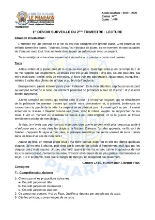 Première page de Français 6e — 1er devoir surveillé, 2e trimestre (2019-2020) · CPEG LE PHARAON
