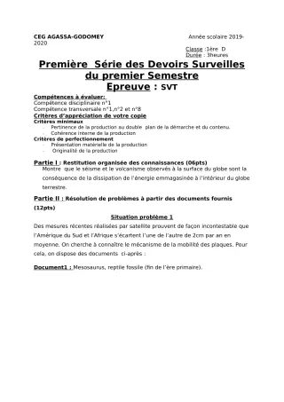 Première page de SVT 1ère D — 1er devoir surveillé, 1er semestre (2019-2020) · CEG Agassa Godomey