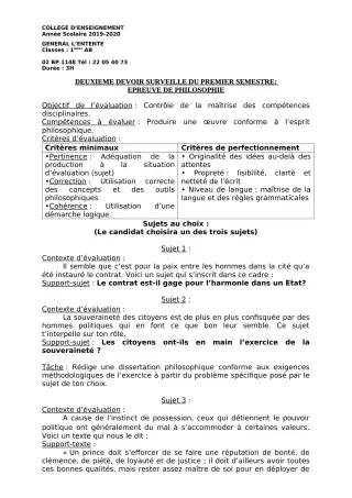 Première page de Philosophie 1ère A2, 1ère B — 2e devoir surveillé, 1er semestre (2019-2020) · CEG L'Entente