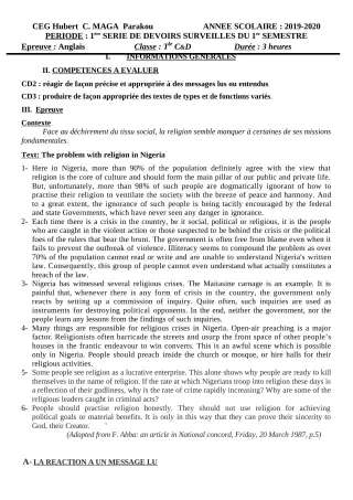 Première page de Anglais Tle C, Tle D — 1er devoir surveillé, 1er semestre (2019-2020) · CEG Hubert C. MAGA
