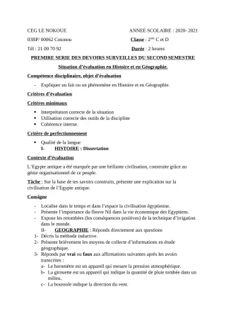 Première page de Histoire-Géographie 2nde C, 2nde D — Devoir surveillé, 2e semestre (2020-2021) · CEG LE NOKOUE