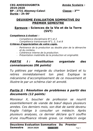 Première page de SVT 3e, 3e ML — 2e évaluation sommative, 1er semestre (2019-2020) · CEG Ahossougbéta