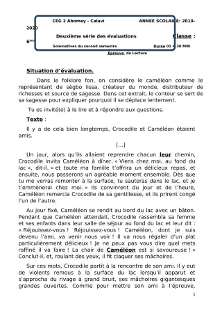 Première page de Français 6e — 2e évaluation sommative, 2e semestre (2019-2020) · CEG2 ABOMEY - CALAVI (CEG ZOCA)
