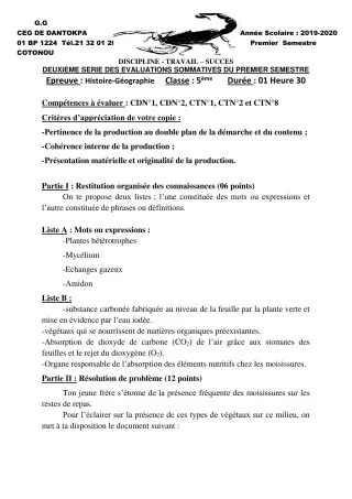 Première page de Histoire-Géographie 5e — 2e évaluation sommative, 1er semestre (2019-2020) · CEG Dantokpa