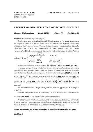 Première page de Mathématiques Tle C — 1er devoir surveillé, 2e semestre (2018-2019) · CEG Le Plateau