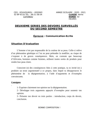 Première page de Français 4e — 2e devoir surveillé, 2e semestre (2020-2021) · CEG Kouhounou-Vêdoko