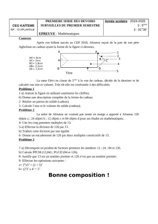 Première page de Mathématiques 5e — 1er devoir surveillé, 1er semestre (2019-2020) · CEG Kaïtèmè