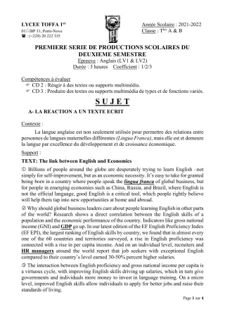 Première page de Anglais Tle A1, Tle A2, Tle B — 1re production scolaire, 2e semestre (2021-2022) · Lycée Toffa 1er