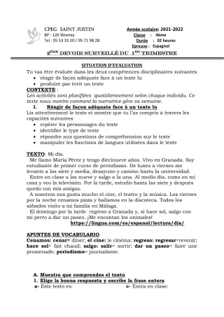 Première page de Espagnol 4e, 2nde A2, 2nde B, 1ère A2, 1ère B — 2e devoir surveillé, 1er trimestre (2021-2022) · CPEG SAINT Justin