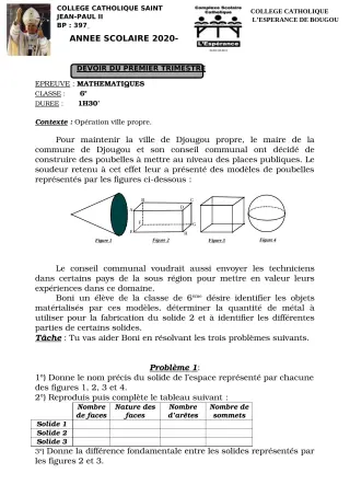Première page de Mathématiques 6e, 5e, 4e, 4e ML, 2nde A1, 2nde A2, 2nde C, 2nde D, 1ère A1, 1ère A2, 1ère C, 1ère D — 1er devoir surveillé, 1er trimestre (2020-2021) · CCJPII DJOUGOU