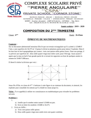 Première page de Mathématiques 6e — Composition, 2e trimestre (2019-2020) · CPEG PIERRE ANGULAIRE