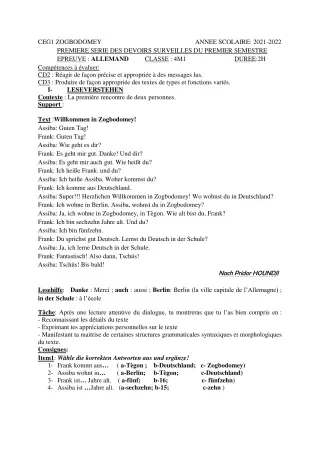 Première page de Allemand 4e, 3e ML, 2nde A1, 2nde A2, 2nde B, 1ère A1, 1ère A2, 1ère B, Tle A1, Tle A2, Tle B — 1er devoir surveillé, 1er semestre (2021-2022) · CEG 1 ZOGBODOMEY
